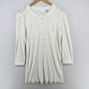 LINQ Top M Popover Tunic Fringed Chiffon Trim Long Sleeve Cotton Blend White